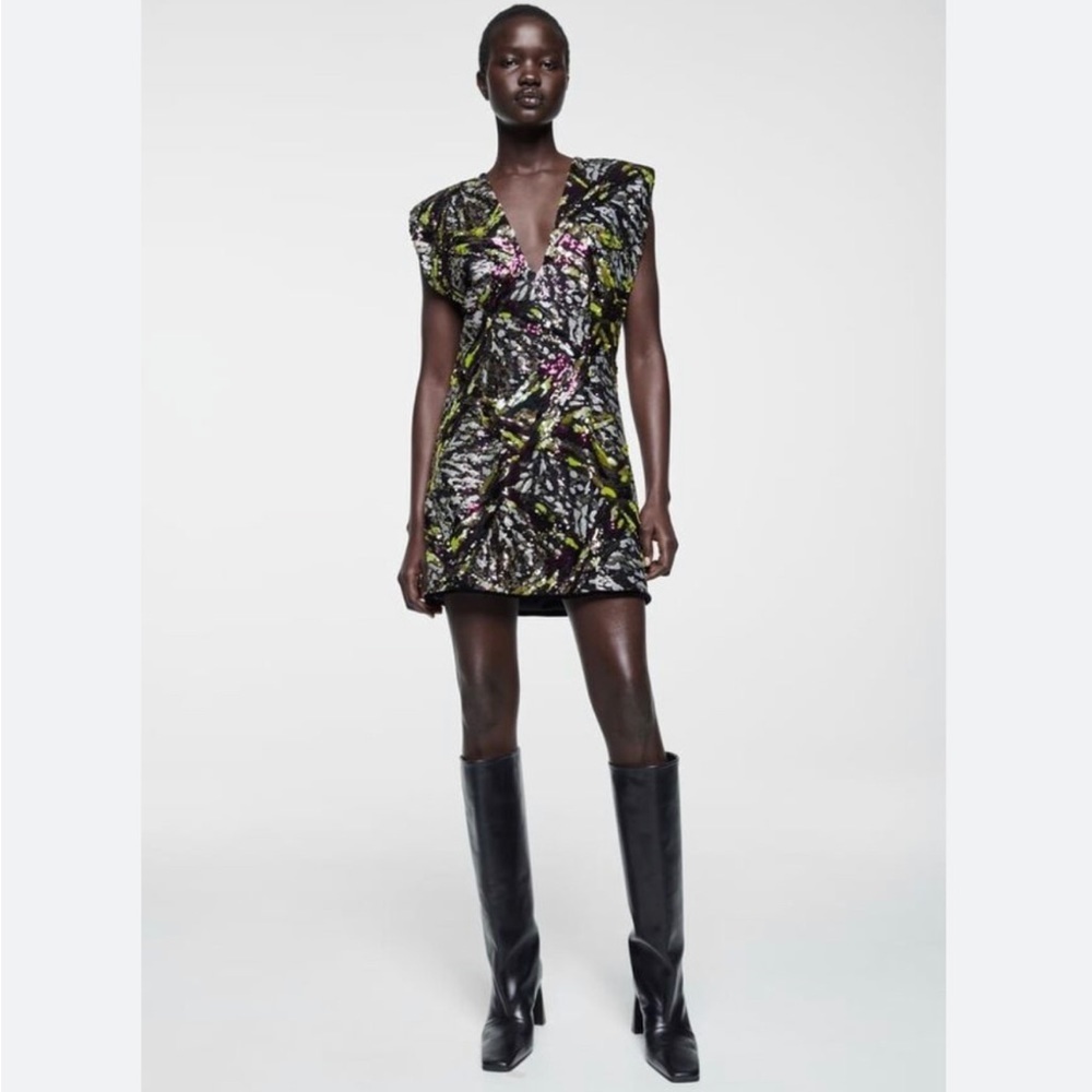 Zara Black and Yellow Patterned Dress